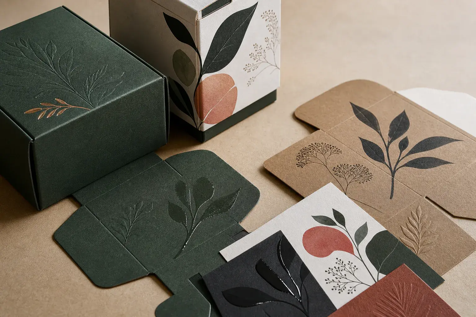 Printed folding cartons showing ink, embossing, gloss and restrained metallic details