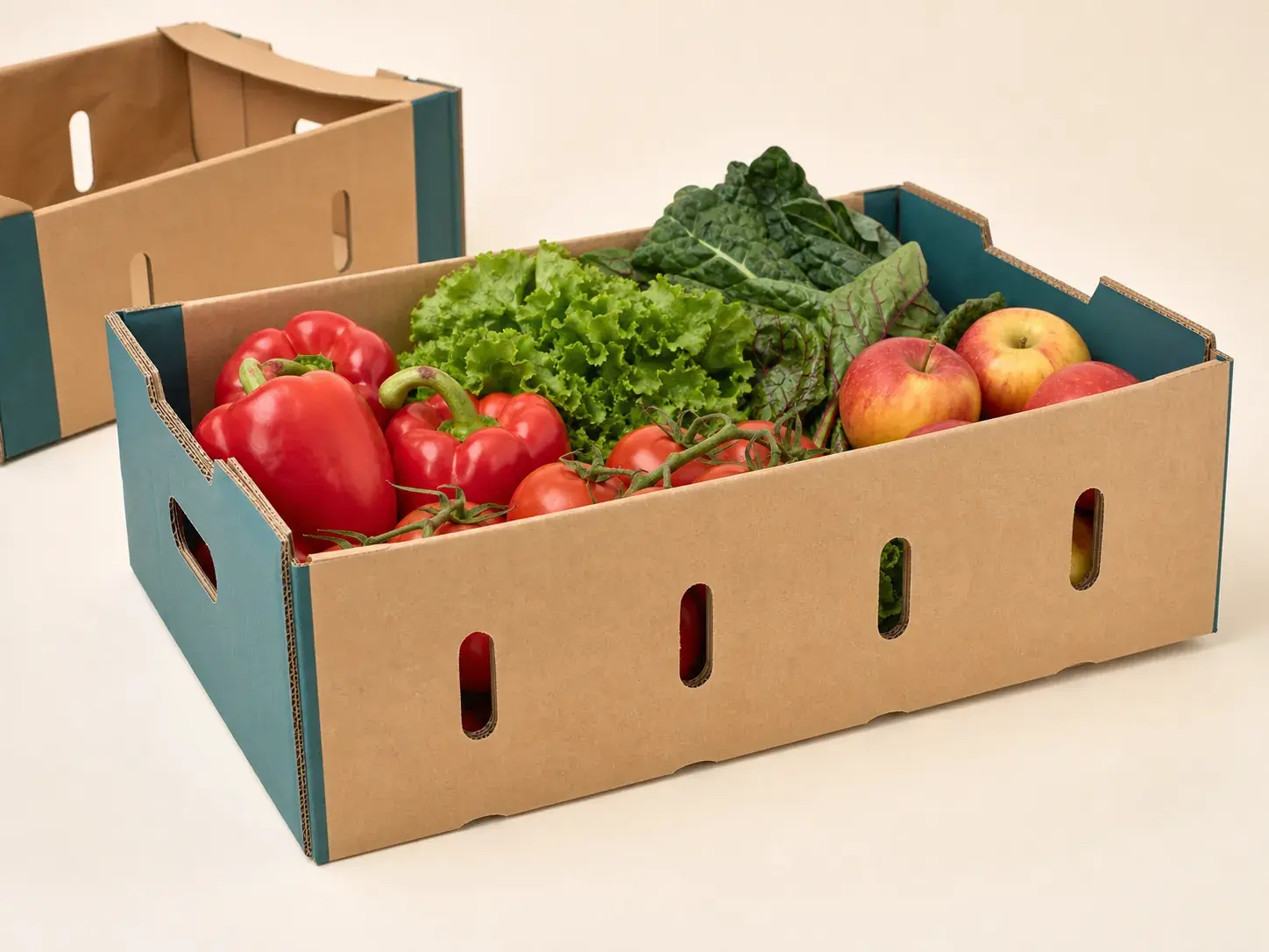 Vented corrugated produce tray filled with fresh vegetables and fruit