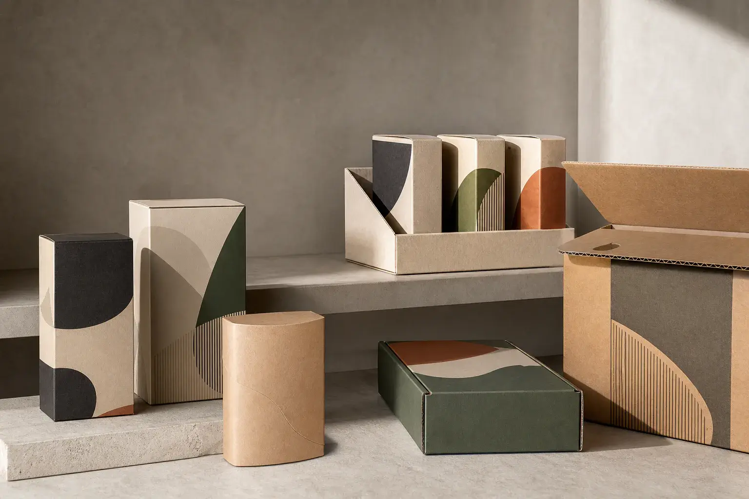 Unbranded retail cartons, a shelf-ready tray and corrugated shipping packaging
