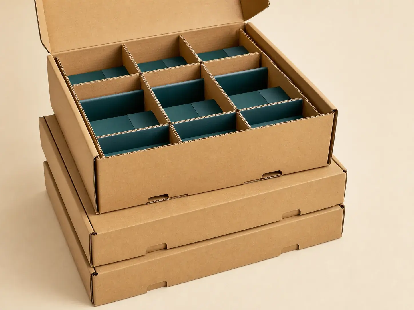Corrugated shipping cartons with exposed fluting and protective dividers